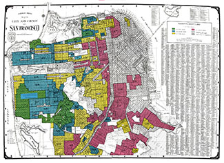 1937 map of San Francisco showing color coded areas across the city
