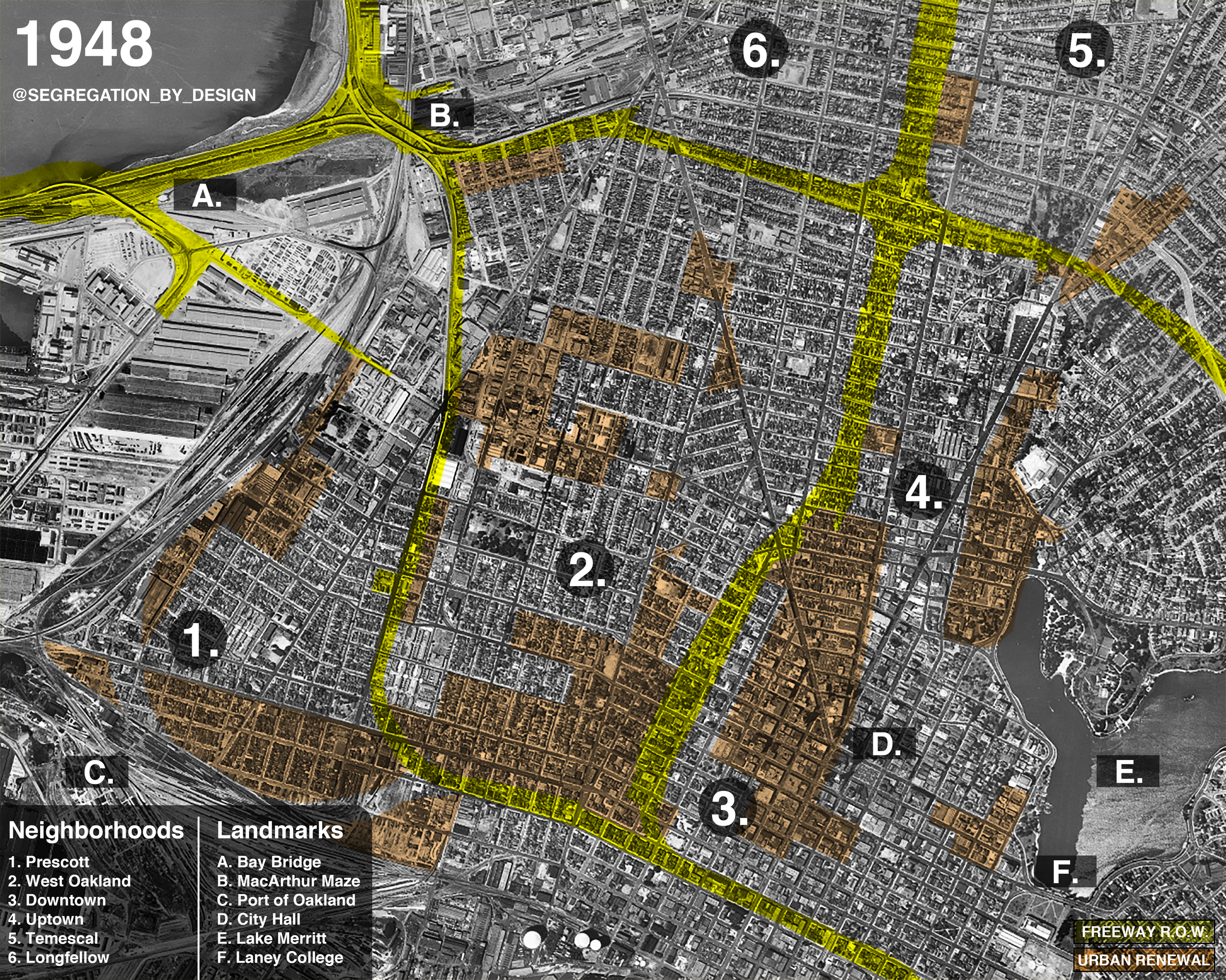 Map showing West Oakland cut off from the main city by encircling freeway renewal projects
