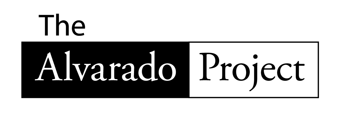 Rectangular logo in black and white color blocking that reads The Alvarado Project