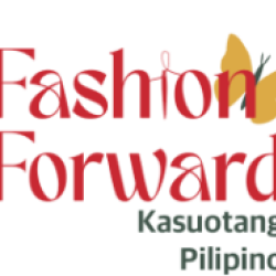 Fashion Forward: Kasuotang Pilipino logo featuring bold red lettering, green subtitle text, and a stylized golden-yellow butterfly design