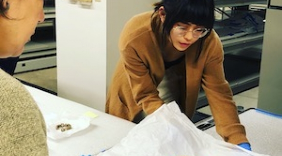 An Asian female with shoulder length black hair examines a necklace made of animal tusk, cowrie shells and fiber. She wears a camel colored sweater.